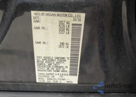 2017 Nissan Altima 2.5 Sl z USA, uszkodzony, nr VIN 1N4AL3AP9HC143666